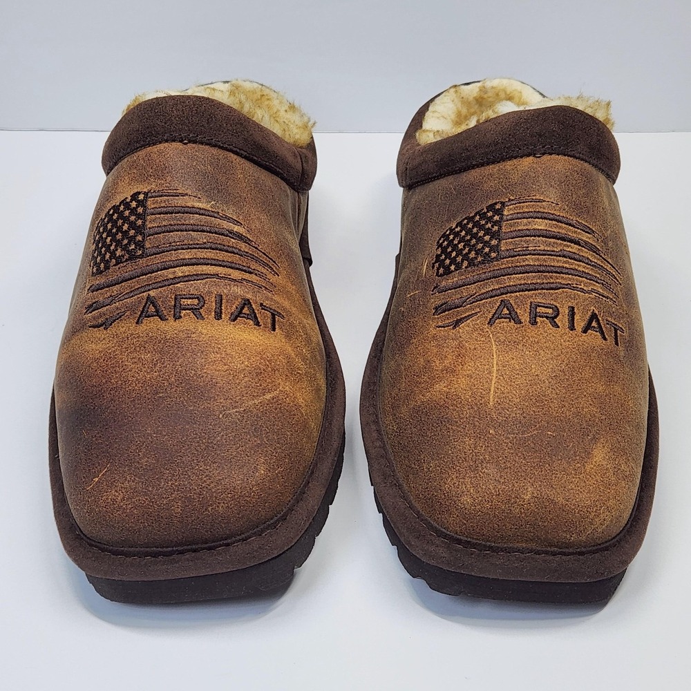Ariat Shoes Mens Size 10 Brown Leather Faux Fur Mule Slippers Flag AR2692-200 - Picture 8 of 15